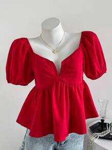 Elamini Pleated Deep V-Neck Red Casual Elegant Women Blouse - Red - View 5