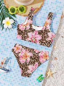 SHEIN Leap Crew Bộ đồ bơi Tankini họa tiết hoa và da báo dành cho bé gái tuổi teen phong cách tối giản thường ngày của Coconutgirl, phù hợp cho mùa hè - Nhiều màu - Xem 2