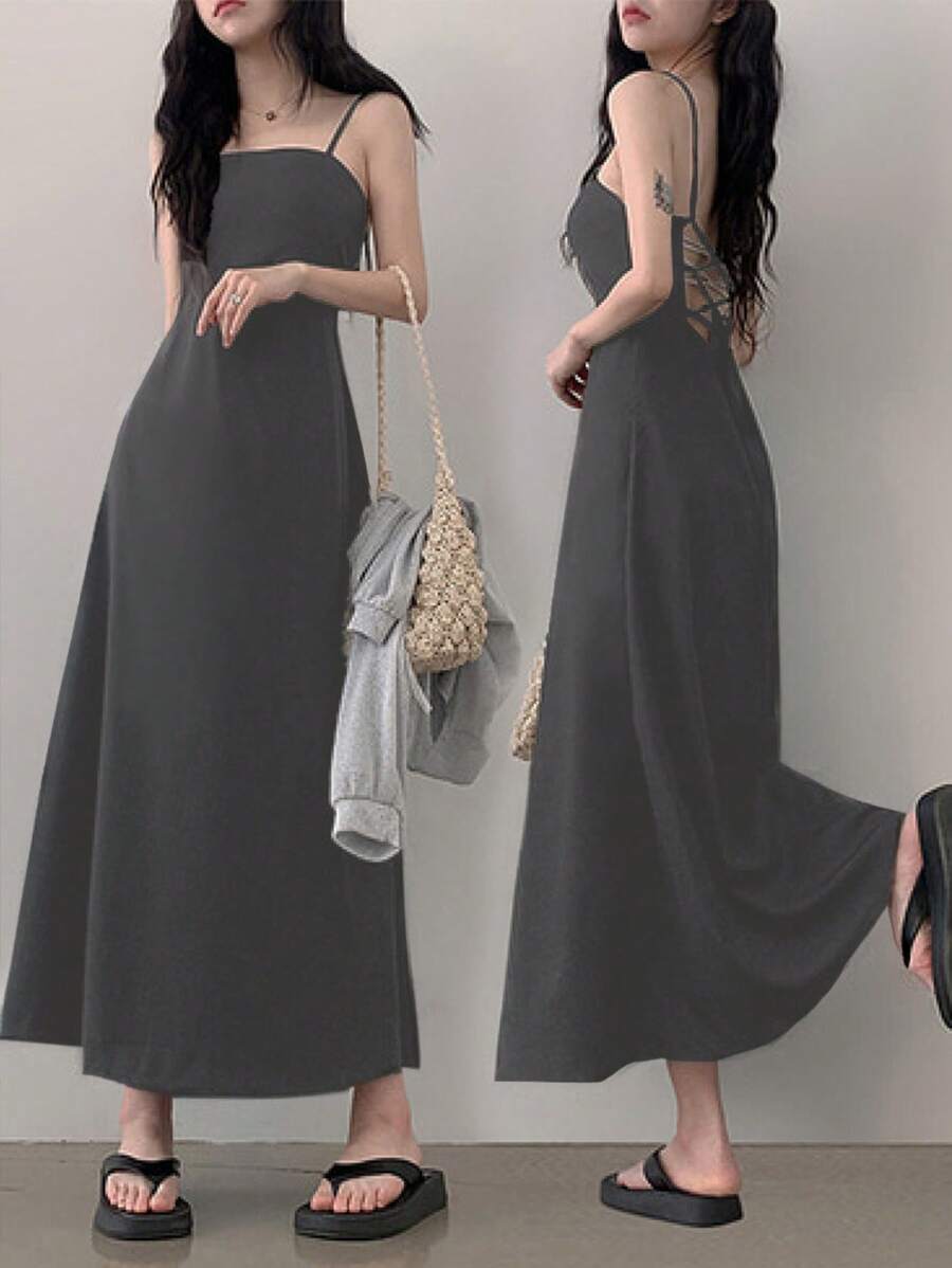 DAZY 1 件女士优雅细肩带连衣裙,腰带收紧,小黑裙,休闲女装 - 深灰色 - 查看 1