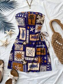 SHEIN Teen Girls' Tropical Island Elements Coconut Tree Waist Drawstring Hollow Out Snug Fit Halter Dress, Holiday, Casual/Vacation