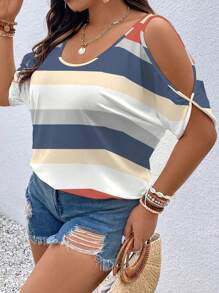 SHEIN LUNE Plus Size Color Block Striped Open Shoulder Short Sleeve Casual T-Shirt, Summer Graphic Tees Women Tops Stripe Topmulticolor Women Blouseswomen Tops Summerstriped Top
