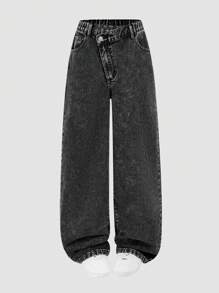 Pantalones informales de niña adolescente con pierna recta y estampado de copos de nieve en negro