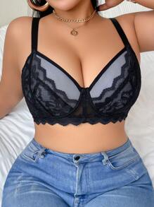 SHEIN 1 pièce Soutien-gorge avec armatures pour grandes tailles, style minimaliste et romantique. Lingerie sexy en dentelle - Noir - Voir 1