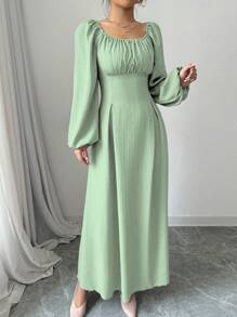 Modelyn 女士优雅长裙，方领，灯笼袖，褶皱，后系带，纯色，适合秋季长款女士装长款晚礼服