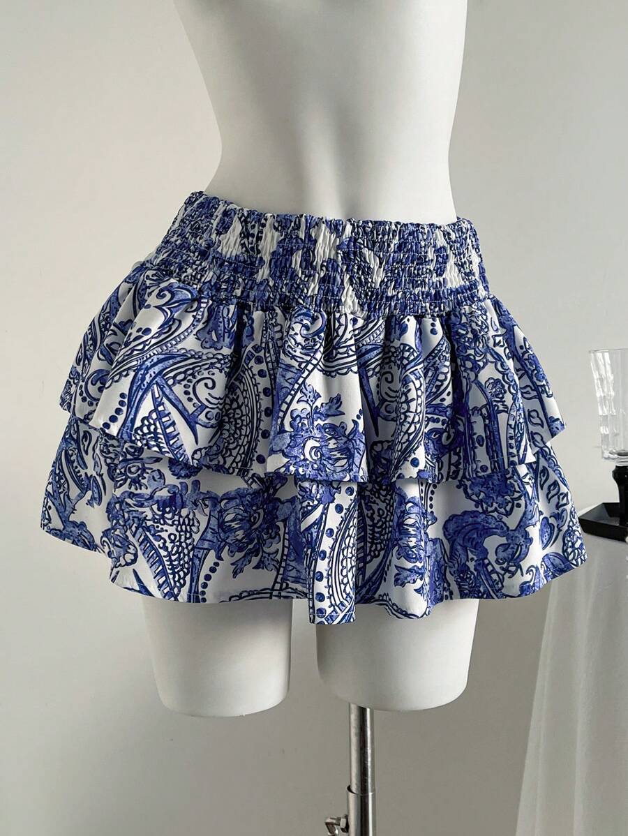 Elamini Bohemian Print Shirred Waist Flounced Mini Skirt - Blue - View 1