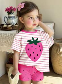 SHEIN Happikins Baby Girl Casual Minimalist Round Neck Short Sleeve T-Shirt And Snug Fit Shorts Set, Suitable For Spring & Summer - Multicolor - View 1
