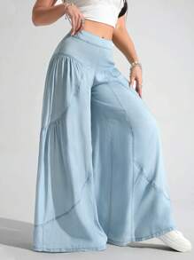 Jeanoix Women's Solid Color Pleated Wide Leg Loose Casual Pants, Versatile Fall Cloth For Women - Light Wash - View 6