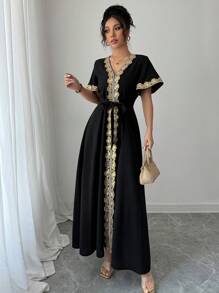 Chiquease Vestido elegante con cuello en V profundo y cinturilla para mujer