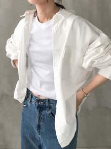 FRIFUL Women's Solid Color Basic Regular Collar Lantern Sleeve Blouse, Spring/Summer - White - View 3