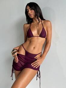 Aloruh 3 件套女士比基尼套装，性感优雅浪漫复古紫色、酒红色、栗色迷你三角吊带上衣、迷你丁字裤、迷你裙罩衫，适合度假、海滩