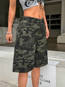 SHEIN PETITE Women's Camouflage Denim Shorts Low Rise Cropped Pants Bermuda Shorts Summer Y2K Casual Street Wear