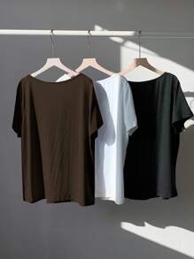 SHEIN EZwear 3 pièces/set T-shirt à col en V polyvalent, blanc + noir + marron, tissu doux, t-shirt à manches courtes grande taille polyvalent, printemps et été - Tabac - Voir 3