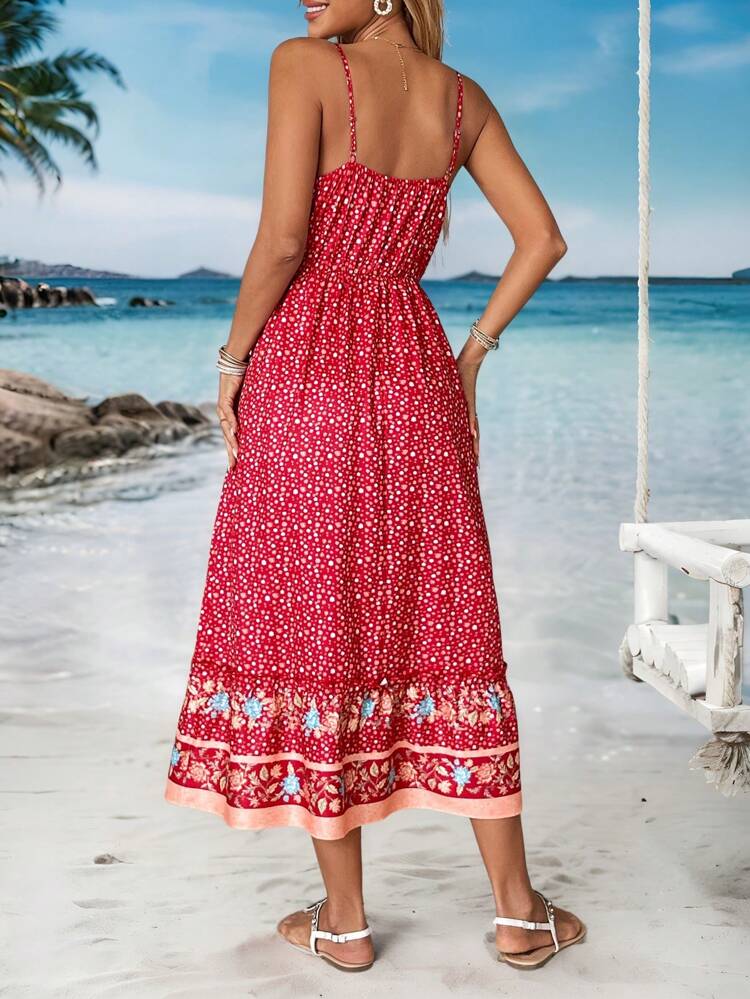 Women's Red Boho Maxi Dress: Sleeveless Spaghetti Strap Woven Fabric Dress With Ruffle Hem And Floral Print Detail