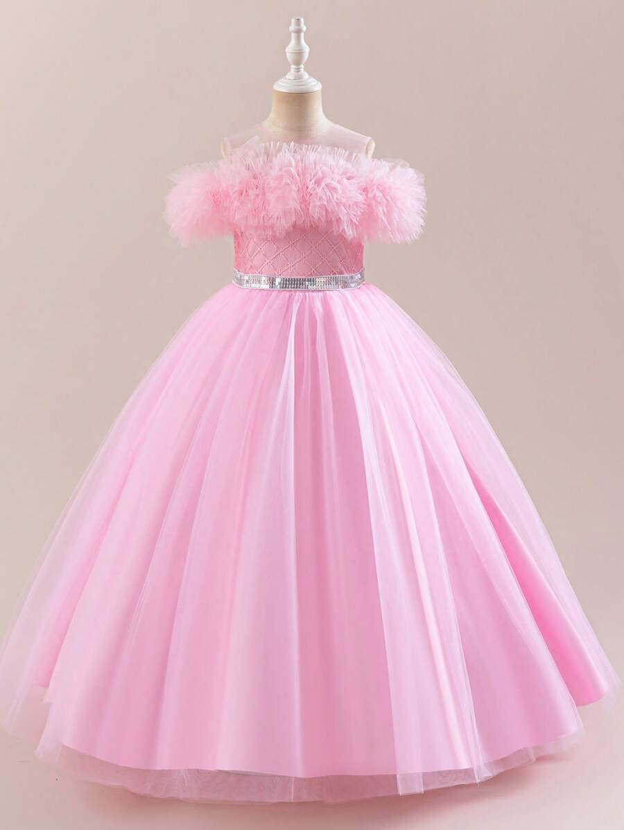 SHEIN Young Girl Elegant Fluffy Off Shoulder Long Princess Tulle Dress, Suitable For Birthday Party, Wedding, Festival, Performance - Pink - View 1