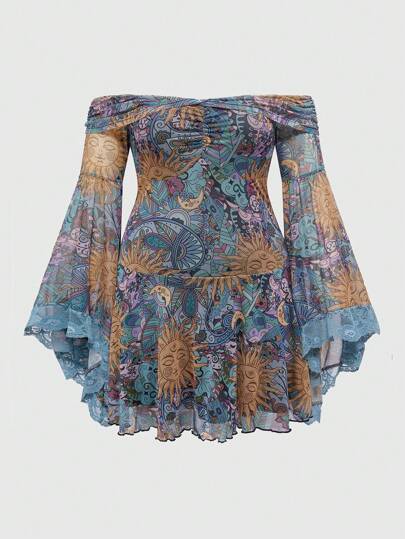 Goth Vestido de hombros caídos con estampado de sol y luna, para tallas grandes de estilo hippie bohemio