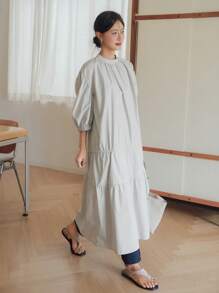 Dazy-Less Abito estivo casual da donna, dritto, in tessuto a blocchi di colore, con colletto alto, coulisse con lacci in vita, lunghezza midi