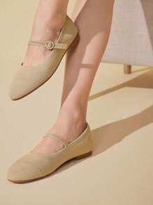 CUCCOO BASICS Women's Fashion Beige Fabric Breathable Mary Jane Flats, Comfortable For Commuting, Dating, Party, Holiday