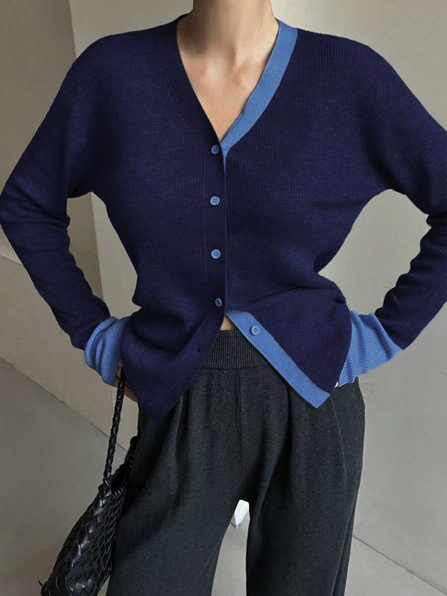 DAZY Women's Color-Block Trim Button-Up V-Neck Cardigan Sweater - Navy Blue - View 1
