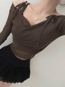 DAZY Camiseta de mujer de manga corta y larga con pliegues de malla de un solo color