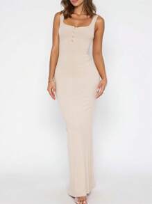 INAWLY Solva Women's Solid Color Button Half Placket Fitted Casual Sleeveless Midi Dress - Apricot - View 3