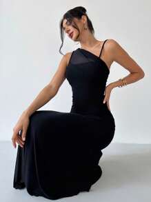 Firerie Elegant Minimalist & Chic Fashion Music Festival Daily Vacation Women's Black Mesh Asymmetrical Neck Ruched Fitted Dress - Black - View 9