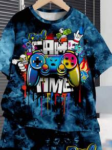 SHEIN Leap Crew 2pcs/Set Teen Boy Casual Minimalist Short Sleeve Round Neck Set, Suitable For Summer - White - View 3