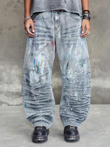 ROMWE MEN Street Life Men's Dirty Loose Fit Denim Jeans, Suitable For Summer - Blue - View 7