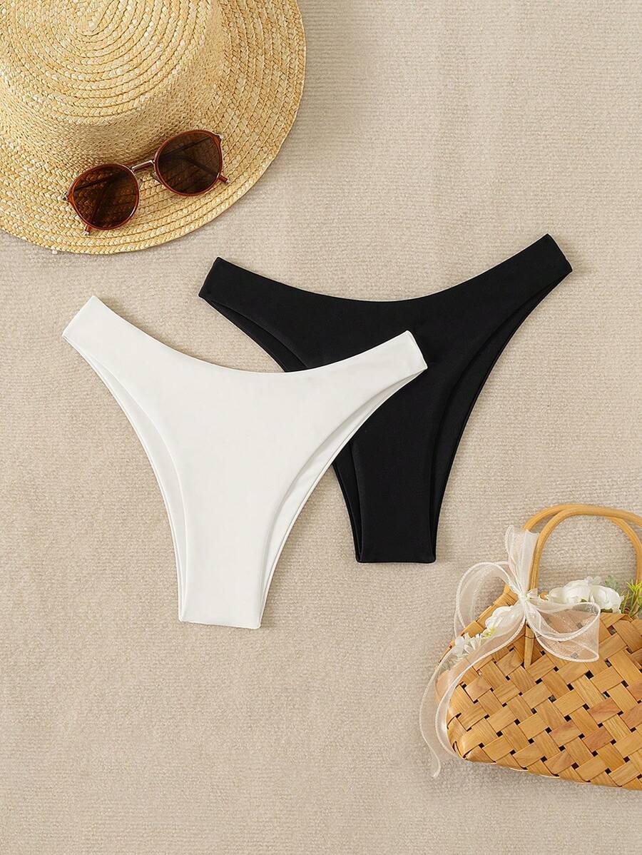 Swim Vcay 2pcs Women Plain & Leopard Print Swimsuit Bottoms Leopard Bikini For Summer Beach Vacation
