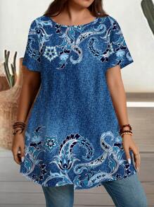 EMERY ROSE Plus Size Textured Print Round Neck Short Sleeve Long T-Shirt Dress, Suitable For Summer Suitable For Going Out - Multicolor - View 4