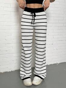 SHEIN EZwear 女式休闲抽绳腰条纹针织裤 - 黑與白 - 查看 4