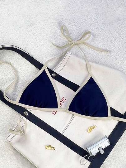 Swim Mod New Design Women's Spaghetti Strap Navy Blue Contrast Color Sexy Vacation Bikini Top Swimwear For Summer