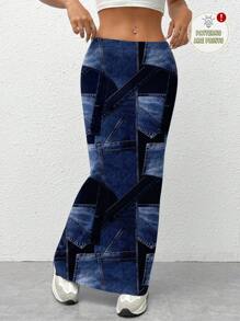 SHEIN EZwear Women Denim Effect Print Slim Fit Skirt Chic Dress - Dark Wash - View 1