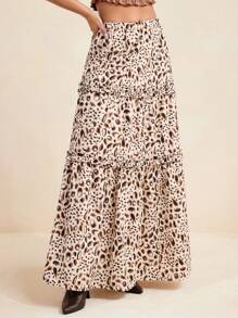 LUNA B Leopard Print Elastic Waist Ruffle Layered A Line Maxi Skirt For Summer Vacation Skirt Women Summer Set Women 2 Pieces - Multicolor - View 6