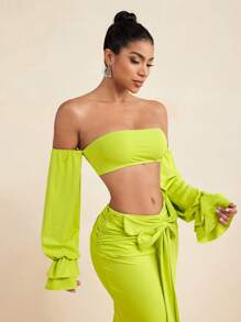 LUNA B Solid Color Strapless Long Sleeves Bandeau Crop Top For Women Outfit Summer Vacation Holiday