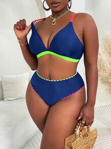 Slaydiva 撞色钩针边缘加大码女式两件套比基尼泳装，休闲度假装