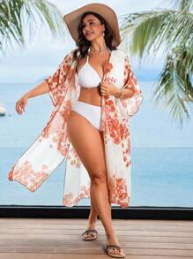 Swim Lushoire 大码女式连体花卉印花宽松开衫和服，适合海滩度假穿着