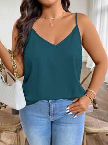 EMERY ROSE Plus Size Women Solid Color Back Twist Spaghetti Strap Tank Top - Teal Blue - View 4