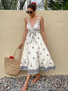 SHEIN Frenchy Women's Vacation Print Ruffle Hem Spaghetti Strap Dress, Summer Beach - Multicolor - View 3