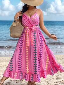 Breezaya Plus Size Print Cinched Waist Sleeveless Maxi Dress, Casual Vacation Summer Style