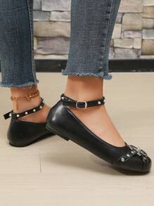 ROMWE Goth New Arrival Women's Round Toe Casual Flat Shoes With Dark Star & Stud Decoration Fall New Year Holiday Valentines Spring Shoes