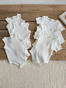 SHEIN Vintaside Kids Baby Boy Summer Sleeveless Tank Bodysuit And Short-Sleeved Bodysuit Six Sets,Suitable For To Play, Sports, Home Leisure, Toddler, Party And Other Occasions - White - View 1