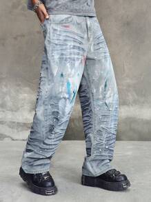 ROMWE MEN Street Life Men's Dirty Loose Fit Denim Jeans, Suitable For Summer - Blue - View 13