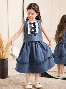 SHEIN Leap Crew 2pcs/Set Young Girl Sporty Casual Solid And Contrasting Color Splicing Bow Decor Round Neck Sleeveless Shirt And Mini Skirt - Blue - View 5