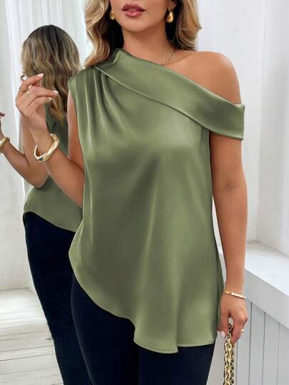 Vionelle Plus Size Women's Satin Elegant Oblique Shoulder Frill Blouse, Suitable For Commuting, Spring/Summer