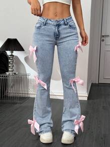 SHEIN PETITE Women's Blue Jeans Y2K Sweet Bow High Elastic Slim Flared Pants Summer