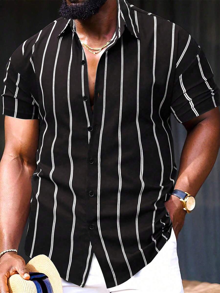 Manfinity Homme Áo sơ mi nam tay ngắn họa tiết sọc nhiều màu sắc thường ngày không có áo phông, làm quà tặng cho bạn trai Áo sơ mi kẻ sọc dành cho nam Áo sơ mi xanh hoàng gia dành cho nam - màu đen - Xem 1