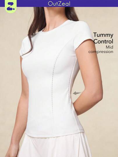 OutZeal 女士健身运动T恤 白色健身普拉提服 吸湿排汗短袖紧身压缩上衣 运动上衣