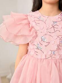 Pitira Pitira Tween Girl Elegant Summer Pink Organza Floral Mesh Dress - Pink - View 7