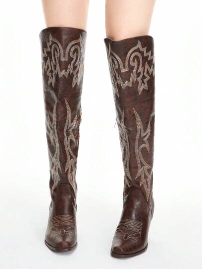 Fairycore Women's Spring/Autumn Cowboy Boots, Brown Nature-Inspired Embroidery Western Boots, Outdoor Fashion Pull-On Over-The-Knee Boots Spring Shoes