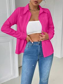 INAWLY 休闲领口袋修身白色长袖女式衬衫女式衬衫 - 玫紅色 - 查看 5